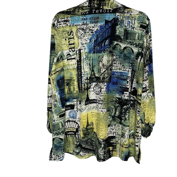 NWT ALI MILES Tunic Blouse Button Paris Roll Tab Long Sleeve Womens L Green Blue - Picture 2 of 13